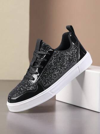 Y2K风格街头风休闲黑色亮片女鞋，新款运动鞋，透气亮片鞋，舒适，居家休闲鞋，户外休闲女鞋，百搭，简约多色，防滑耐磨超轻运动鞋，时尚经典亮片女鞋