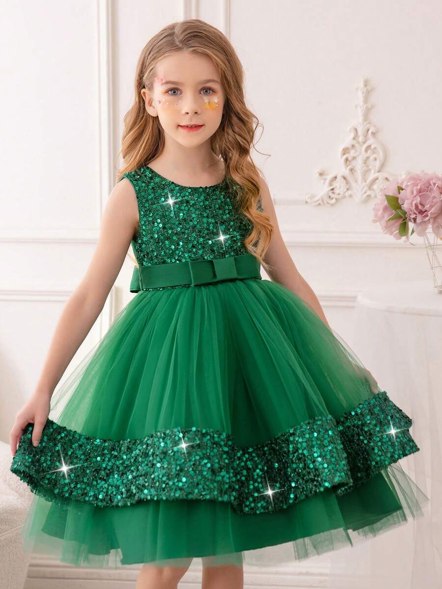 Young Girl Green Bow Sequin Christmas Party Tulle Elegant Dress, Princess Dress Suitable For Girls Birthday Party Gift, Formal Gala, Party, Wedding Flower Girl Outfit