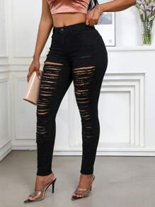 Sexyshine Women's High Waisted Skinny Destroyed Ripped Hole Denim Pants Long Stretch Pencil Jeans For Women - Black - View 3