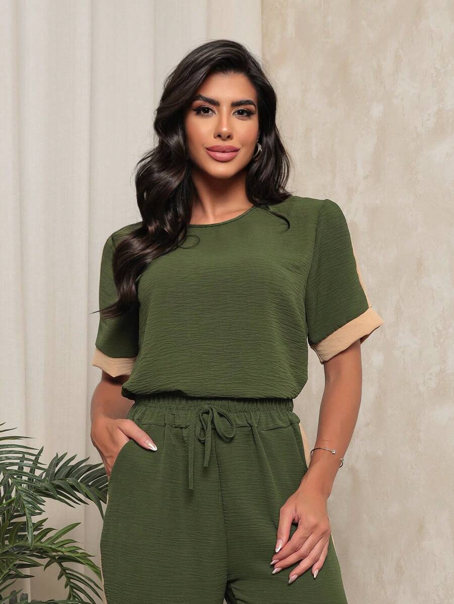 Trouser And Blouse Set With Button Detail On The Sleeves - Verde militar - Ver 1