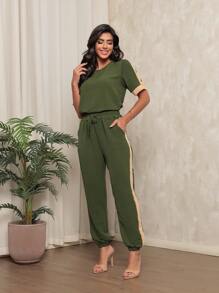 Trouser And Blouse Set With Button Detail On The Sleeves - Verde militar - Ver 3
