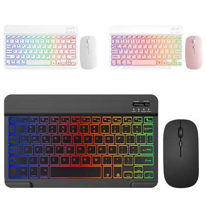 Combo de teclado inalámbrico Bluetooth 3.0 ultradelgado con retroiluminación de 7 colores y ratón inalámbrico Bluetooth, recargable, compatible con iOS, Android, tabletas y smartphones con Windows