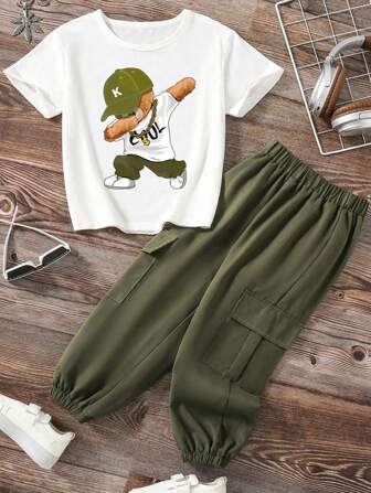 Ensemble tee-shirt à manches courtes et pantalon cargo avec imprimé de dessin animé pour garçons en âge préadolescent