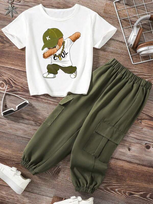 Conjunto de camiseta de manga corta con estampado de dibujos animados y pantalones cargo para niños preadolescentes