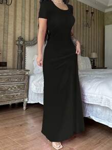 Đầm thời trang xuân hè màu trơn buộc eo cổ chữ U tay ngắn cho nữ - màu đen - Xem 4