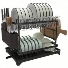 1pc 2-Tier Steel Dish Drying Rack - Includes Utensil Holder, Cup Holder, Extra Drying Mat - Space Saving, Rust-Proof, Durable And Easy To Clean Kitchen Organizer; Sturdy Stable Dish Rack; Can Be Used To Store Bowls, Plates, Cups, Knives; Kitchen Shelving Unit