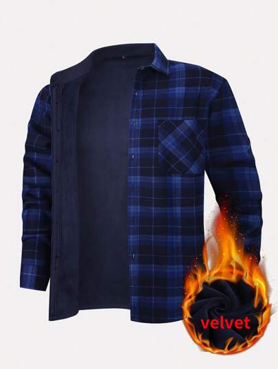 1 Stück Weihnachtsgeschenk Herren Flanell Warm Hemd, Lässiges kariertes Langarm Thermofutter Hemd mit Taschen für Herbst/Winter