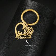 Porte-clés personnalisé avec cœur creux en rose en acier inoxydable. Porte-clés mode, bijou, cadeau pour petite amie, pendentif de sac