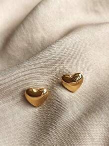 1 对时尚钛钢 18K 金色心形耳钉，心形小环耳环，适合女孩