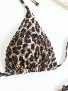 最新款大码露背豹纹休闲性感褶皱比基尼上衣，侧系带丁字裤泳装套装，中等弹力，适合度假海滩夏季穿着 - 咖啡棕 - 查看 3