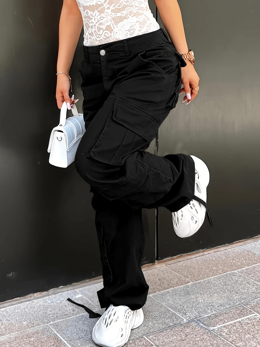 Women Casual Cargo Jeans, Multi-Pocket Straight Denim Pants, Street Fashion Denim Pants, Solid Color - 黑色 - 查看 1