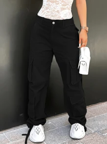 Women Casual Cargo Jeans, Multi-Pocket Straight Denim Pants, Street Fashion Denim Pants, Solid Color - 黑色 - 查看 4