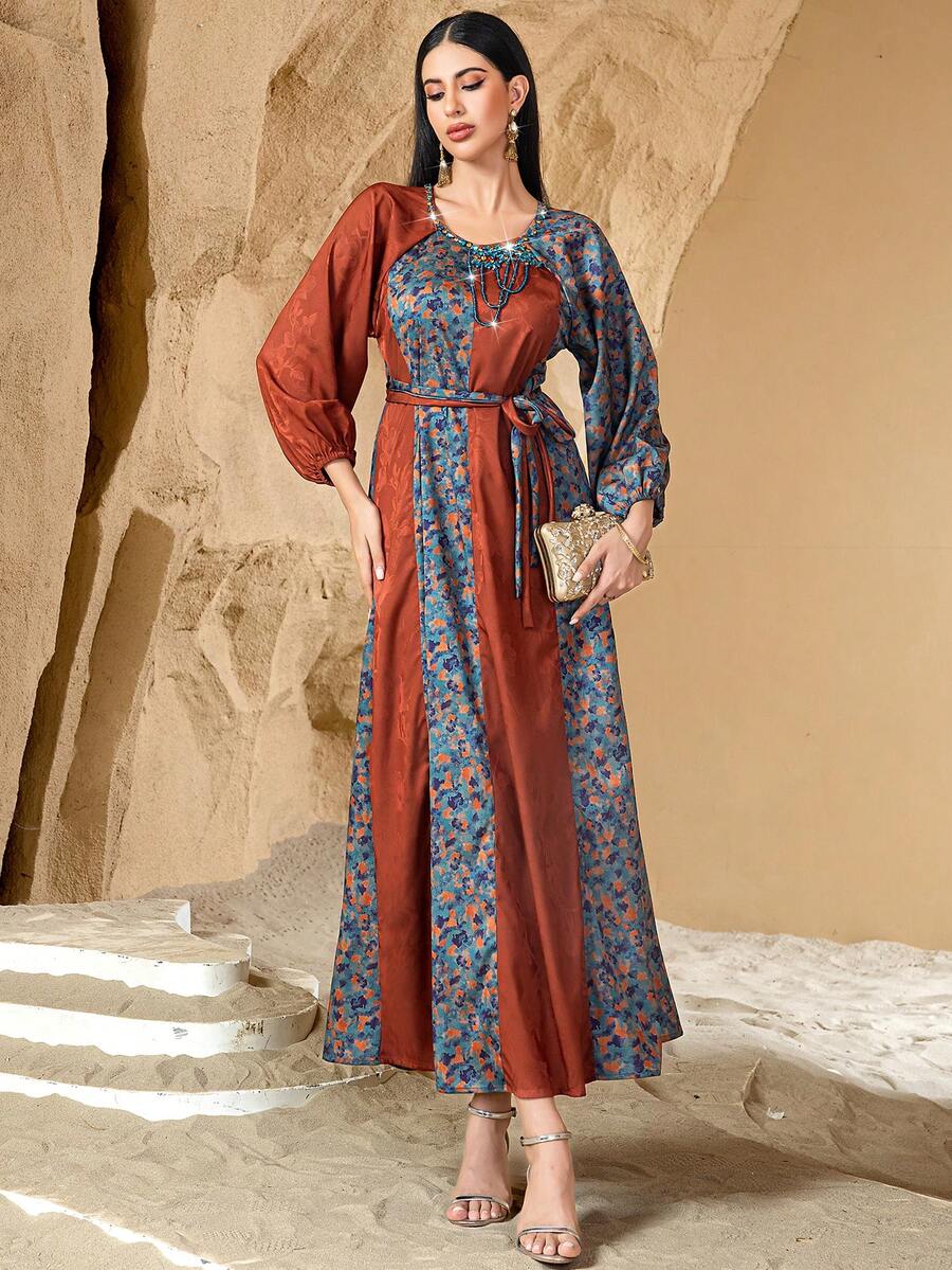 Handmade Double-Sided Print & Jacquard Fabric Long Sleeve Dress, Rhinestone Decor, Suitable For Daily Gathering, EID
