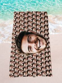 1pc Customized Funny Face Photo Printed Beach Towel, Personalized Name Bathing Towel, Customized Pool Towel, Beach Blanket, Outdoor & Holiday Birthday Gift, Multi-Functional, Reusable, Easy To Clean, For Anniversaries, For Graduation, For Weddings Summer Bathroom Decor Travel Essentials Travel Accessories Beach Essentials