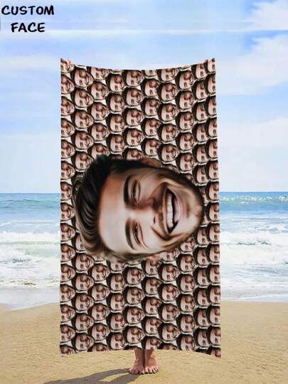 1pc Customized Funny Face Photo Printed Beach Towel, Personalized Name Bathing Towel, Customized Pool Towel, Beach Blanket, Outdoor & Holiday Birthday Gift, Multi-Functional, Reusable, Easy To Clean, For Anniversaries, For Graduation, For Weddings Summer Bathroom Decor Travel Essentials Travel Accessories Beach Essentials,Sunny Journey,Warm Ambience,Home & Living,Customized Beach Towels
