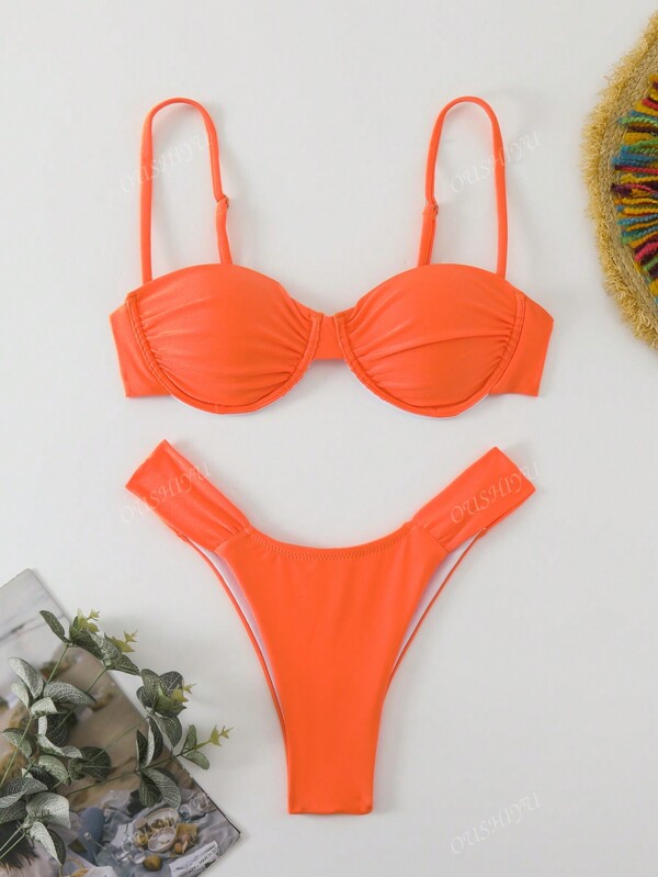 New European & American Style Solid Color Bikini Swimwear For Vacation Summer