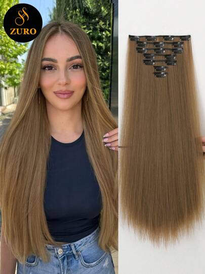 Extensii de păr sintetic drepte de 22" cu 16 clipsuri, pentru tot capul, culoare aurie, 7 buc.