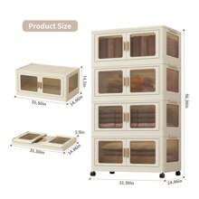 4-Tier Stackable Storage Box With Lid And Front Door, Foldable Storage Bin With Wheels, Plastic Storage Container Closet Organizer - Multicolor - View 3