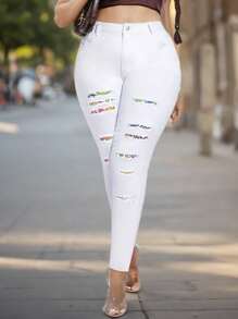 Women's High Waist Plus Size Tight Fitting Pants, Ripped Elastic Print Patchwork Fashionable Jeans, Women's Clothing & Denim
