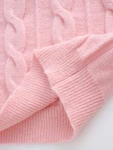 Plus Size Women Casual Solid Color Round Neck Sweater, Loose Fit Long Sleeve Pullover With Cable Pattern, Suitable For Valentine's Day Outfits - Pink - View 6