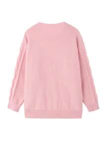 Plus Size Women Casual Solid Color Round Neck Sweater, Loose Fit Long Sleeve Pullover With Cable Pattern, Suitable For Valentine's Day Outfits - Pink - View 4