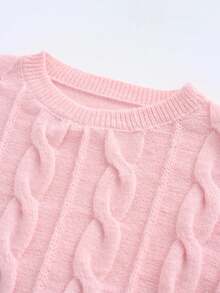 Plus Size Women Casual Solid Color Round Neck Sweater, Loose Fit Long Sleeve Pullover With Cable Pattern, Suitable For Valentine's Day Outfits - Pink - View 7