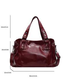 1pc Vintage Large Capacity Handbag, Vintage PU Shoulder Messenger Bag, Women Casual Tote Bag And Wallet - 酒紅色 - 查看 3