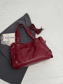 1pc Vintage Large Capacity Handbag, Vintage PU Shoulder Messenger Bag, Women Casual Tote Bag And Wallet - 酒紅色 - 查看 5