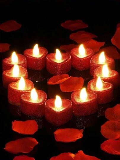 Red Flashing LED Candles, Flameless Flickering Tea Lights With Artificial Rose Petals, Suitable For Birthday, Valentine's Day, New Year, Wedding Party Decor, Anniversary Decor, Diwali Dinner Table Decor, Battery Powered