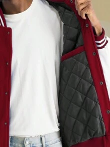 Mens Melton Faux Leather PU Sleeve Letterman Varsity Jacket Casual New Autumn Men Jacket - 酒紅色 - 查看 4