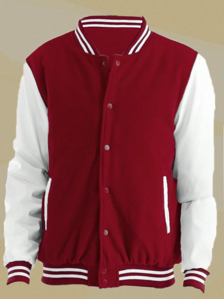 Mens Melton Faux Leather PU Sleeve Letterman Varsity Jacket Casual New Autumn Men Jacket - 酒紅色 - 查看 1