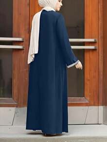 Fashionable Women's Casual Solid Color Loose Crew Neck Zip-Up Long Robe Dress, Dignified And Elegant Abaya Robe - Blue - View 3
