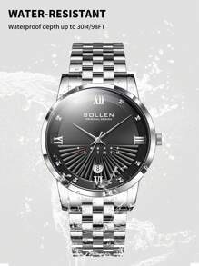 SOLLEN Silver‌ Luxury Men's Dress Watch, Stainless Steel Waterproof Business Casual Quartz Watch With Calendar, Fashionable Gift For Men