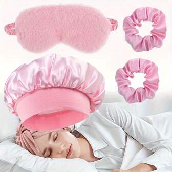 睡眠眼罩和护发礼品套装，包括 1 个柔软睡眠眼罩、1 个缎面发帽、2 个发圈，适合旅行和沙龙使用，适用于正常和放松的头发质地，护发工具包