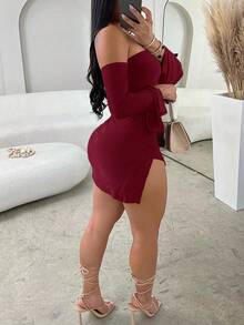 Women's Carnival Night Romantic Party Valentine's Day Elegant Sleeveless Strapless High Slit Mini Dress Summer - Burgundy - View 3