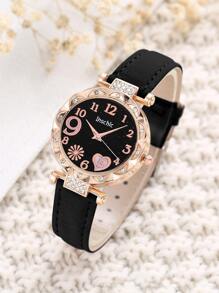 6 Stück/Set Quarz Sternenhimmel Zifferblatt Uhr mit PU Lederarmband und Seil mit schwarzen Perlen Liebe Armband, schwarze geometrische quadratische Figur, Blatt 5-teiliges Set, geeignet für den täglichen Lässig-Stil, einfach und elegant, die beste Wahl für Halloween, Weihnachten, Valentinstag, Muttertag, Urlaubsgeschenke