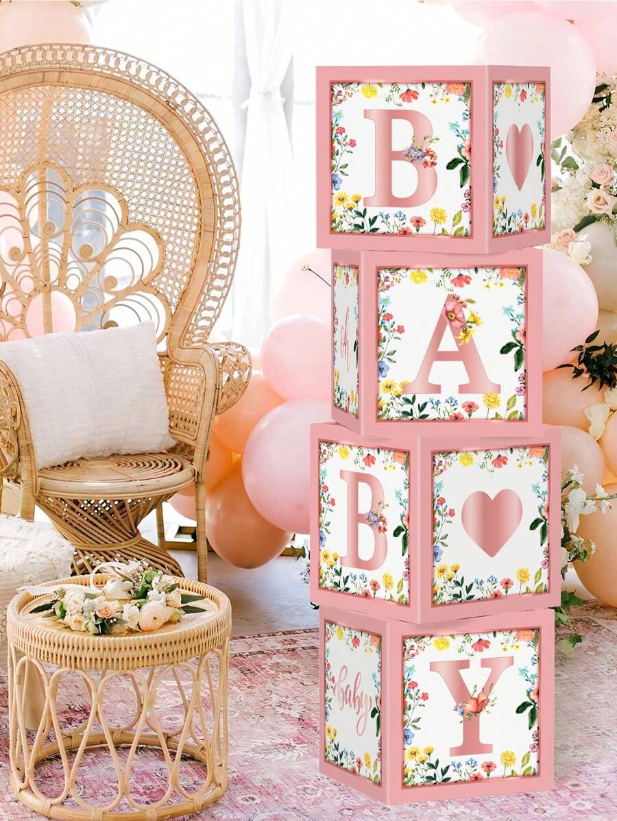 4pcs 10.6 Inch Theme Balloon Boxes Blocks With Letters, Paper Balloon Filling Boxes Gift Box For Photo Prop Gender Reveal, Birthday Party Decorations - Multicolor - View 1