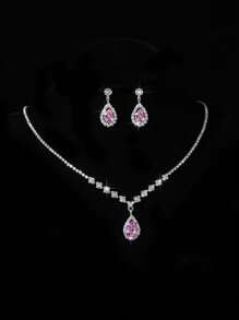1set Fashionable Luxury Rhinestone Water Drop Necklace And Earrings Jewelry Set