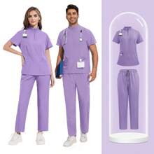 1 Set Women Short Sleeve Zipper Suit With Stand Collar And Pockets, Made Of Polyester Frosted Fabric, Loose Fit Nurse Scrub Uniform, Suitable For Hospital Work, Scrub Uniform Set - Purple - View 9