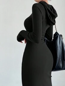 Women's Casual Solid Color Drawstring Hooded Slim Fit Long Sleeve Dress, Spring/Summer - Black - View 2
