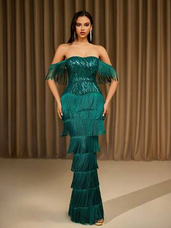 LOVE&LEMONADE 长款绿色露肩亮片流苏正式晚礼服、派对礼服、婚礼宾客礼服、长袍