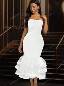Sexy Strapless Mesh Bodycon Layered Mini Graduation White Dress, For Birthday, Wedding Guest, Graduation, Dinner, Homecoming,Party Dress,Gown,Formal,Evening