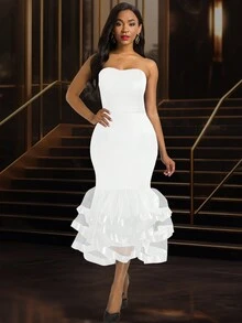 Sexy Strapless Mesh Bodycon Multi-Layer Mini White Graduation Dress, Suitable For Birthday, Wedding Guest, Graduation Ceremony, Gala, Homecoming, Party, Formal Occasion, Cocktail - White - View 6