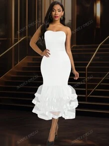 Sexy Strapless Mesh Bodycon Layered Mini Graduation White Dress, For Birthday, Wedding Guest, Graduation, Dinner, Homecoming,Party Dress,Gown,Formal,Evening