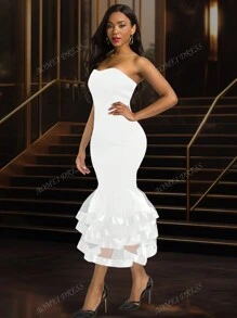 Sexy Strapless Mesh Bodycon Layered Mini Graduation White Dress, For Birthday, Wedding Guest, Graduation, Dinner, Homecoming,Party Dress,Gown,Formal,Evening