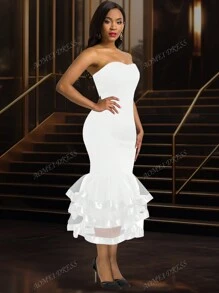 Sexy Strapless Mesh Bodycon Layered Mini Graduation White Dress, For Birthday, Wedding Guest, Graduation, Dinner, Homecoming,Party Dress,Gown,Formal,Evening