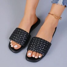 New Versatile Strap Thick Sole Open Toe Sandals, Woven Checkered Anti-Slip Beach Slippers For Women, Plus Size 35-43, Summer