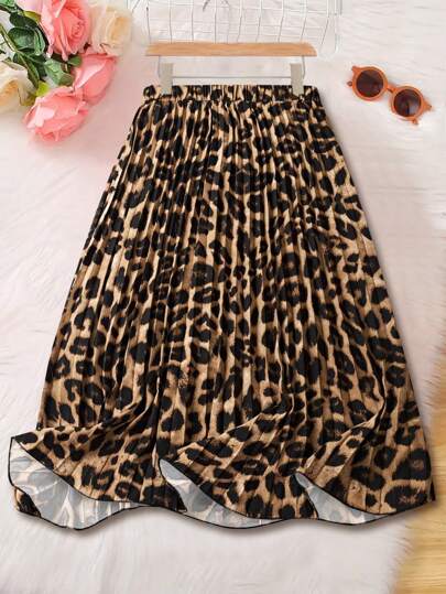 Tween Girl Elegant Leopard Print Skirt, Casual & Fashionable Daily Wear For Girls
