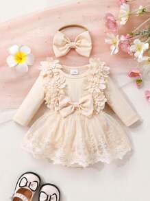 2pcs/Set Soft & Comfy Baby Girls Lace 3D Floral Patchwork Bow Front Embroidery Mesh Dress Romper Outfit With Headband - Apricot - View 1