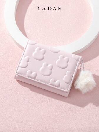 YADAS Plush Ball 3d Rabbit Embossed Coin Short Style Women Hot Pink Valentines For Women Wallet Purse Wallet Small Wallet Cute Wallet